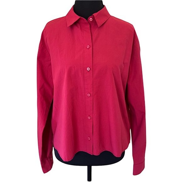 Eileen Fisher Washed Organic Cotton Poplin Classic Collar Short Shirt, Azalea, S - Picture 6 of 13